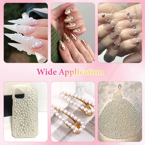 9000 Pcs Gold Silver Flatback Pearls for Crafting, Half Round Nail Gems, 2-8 mm White Beige Beads for DIY Jewelry Face Makeup With Pickup Pencil Tweezer