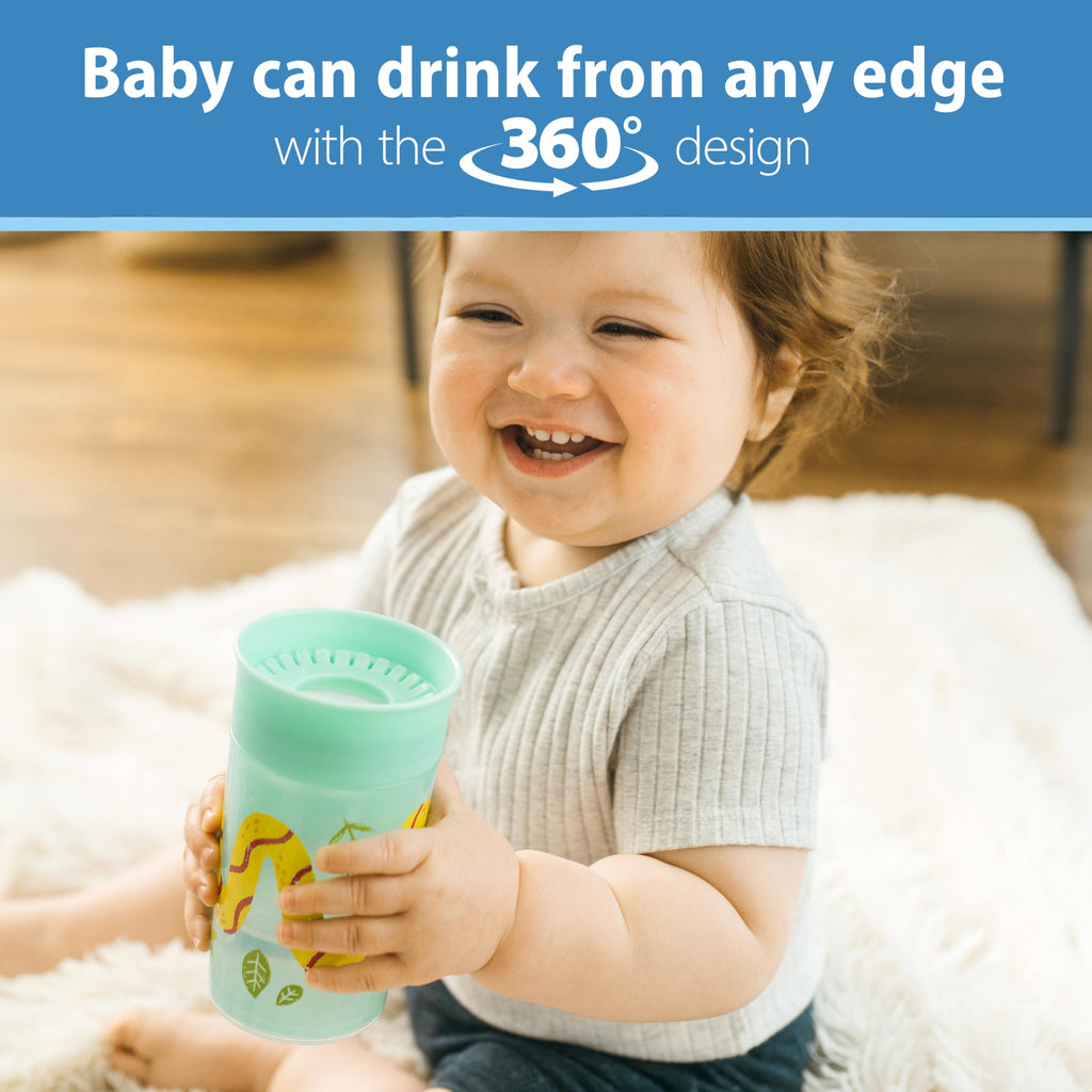 Dr. Brown's Milestones Cheers 360 Spoutless Transition Cup, Travel Friendly and Leak-Free Sippy, Blue/Green Animals, 10 oz/300 mL, BPA-Free, 9m+, 2-Pack