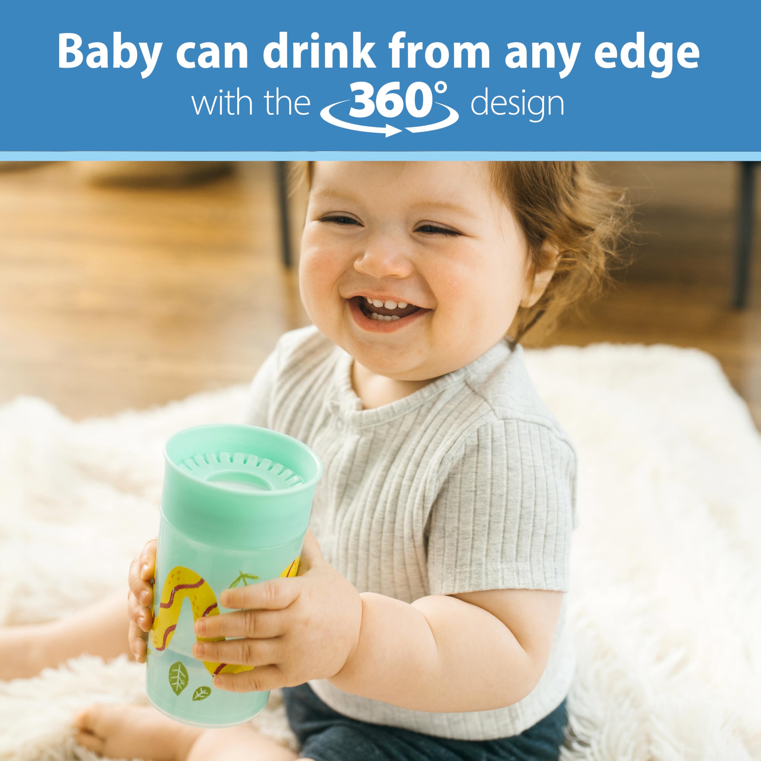 Dr. Brown's Milestones Cheers 360 Spoutless Transition Cup, Travel Friendly and Leak-Free Sippy, Blue/Green Animals, 10 oz/300 mL, BPA-Free, 9m+, 2-Pack