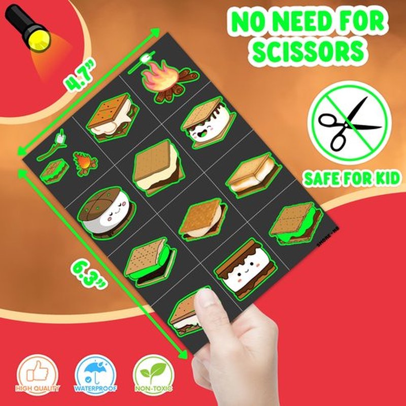 96PCS Smores Pre-Cut Temporary Tattoos Campfire Birthday Party Decorations Favors Supplies Camping Baby Shower Themed Stickers 8 Sheets Gifts for Kids Girls Boys Decor Class School (Luminous)
