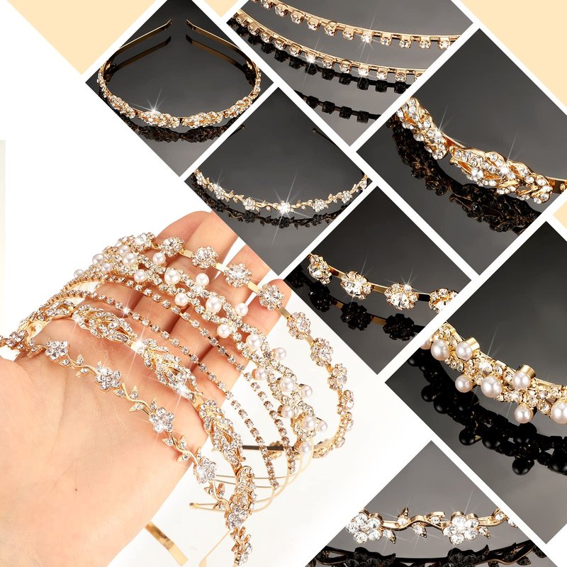 XunYee 5 Pcs Gold Rhinestones Headbands for Women Flower Leaf Tiara Crown Headband Metal Prom Headpiece Bridal Wedding Hair Accessories for Bride Girl Party(Gold)