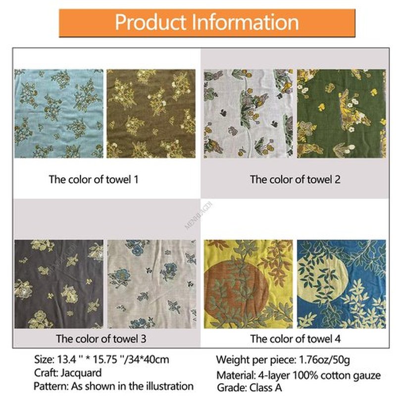 MENHLAGDI 100% Cotton Face Towels Reusable Hand Towels for Bathroom Set with Hanging Loops Quick Dry Turkish Hand Towels Set Double-Faced Jacquard 4ply Cotton Gauze,4PC,13.4"x15.7"