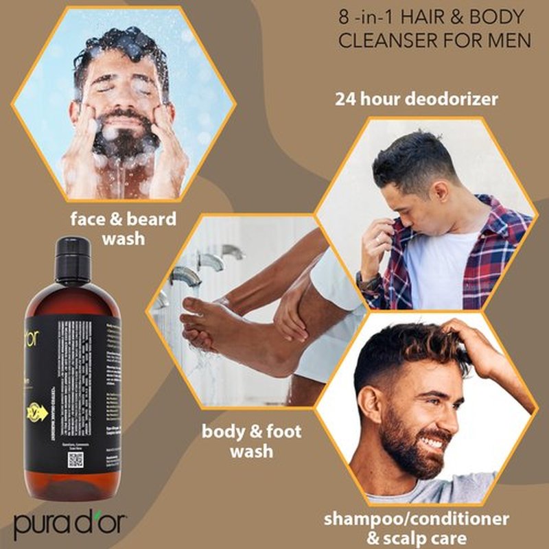 PURA D'OR 24 Oz 8-in-1 Hair & Body Cleanser For Men – Sulfate-Free, Multi-Use Wash for Hair, Face, Beard & Body, with Organic Aloe Vera, Cedarwood & Lemongrass, Energizing & Deodorizing Formula