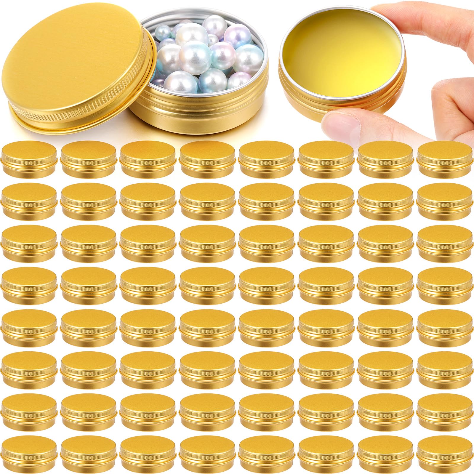 Patelai 64 Pieces Lip Balm Tin Containers Screw Top Round Tin Cans Aluminum Jar with Screw Lid, Empty Bottle Travel Cosmetic Sample Container for DIY(1 oz,Gold)