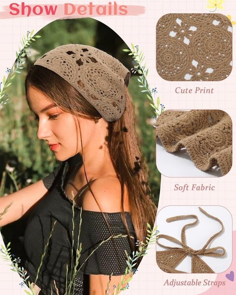 HAIMEIKANG Floral Crochet Hair Bandanas Headscarf 2 PCS Women Hair Scarf Daisy Headband Vintage Head Kerchief for Girls(Black+Coffee)