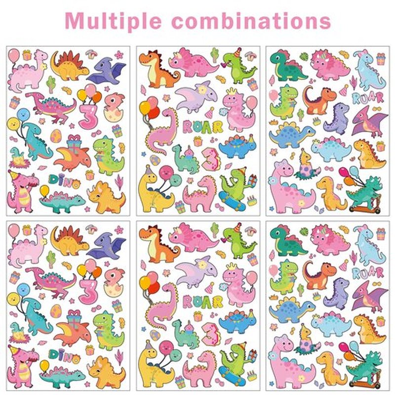 Three Rex Dinosaur Temporary Tattoos - 6 Sheets 180 Pcs Pink 3rd Birthday Decorations Cute Cartoon T-rex Tattoo Stickers for Dino Party Favors Decor Supplies