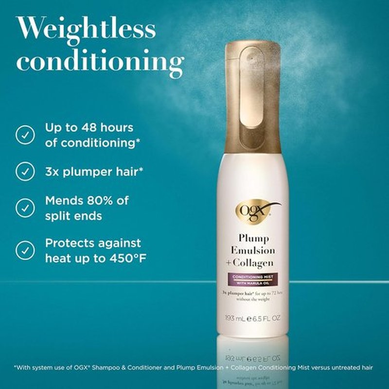 OGX Plump Emulsion Hair Mist - Volumizing Conditioning Spray with Marula Oil | 6.5 fl. oz, 450°F Heat Protection