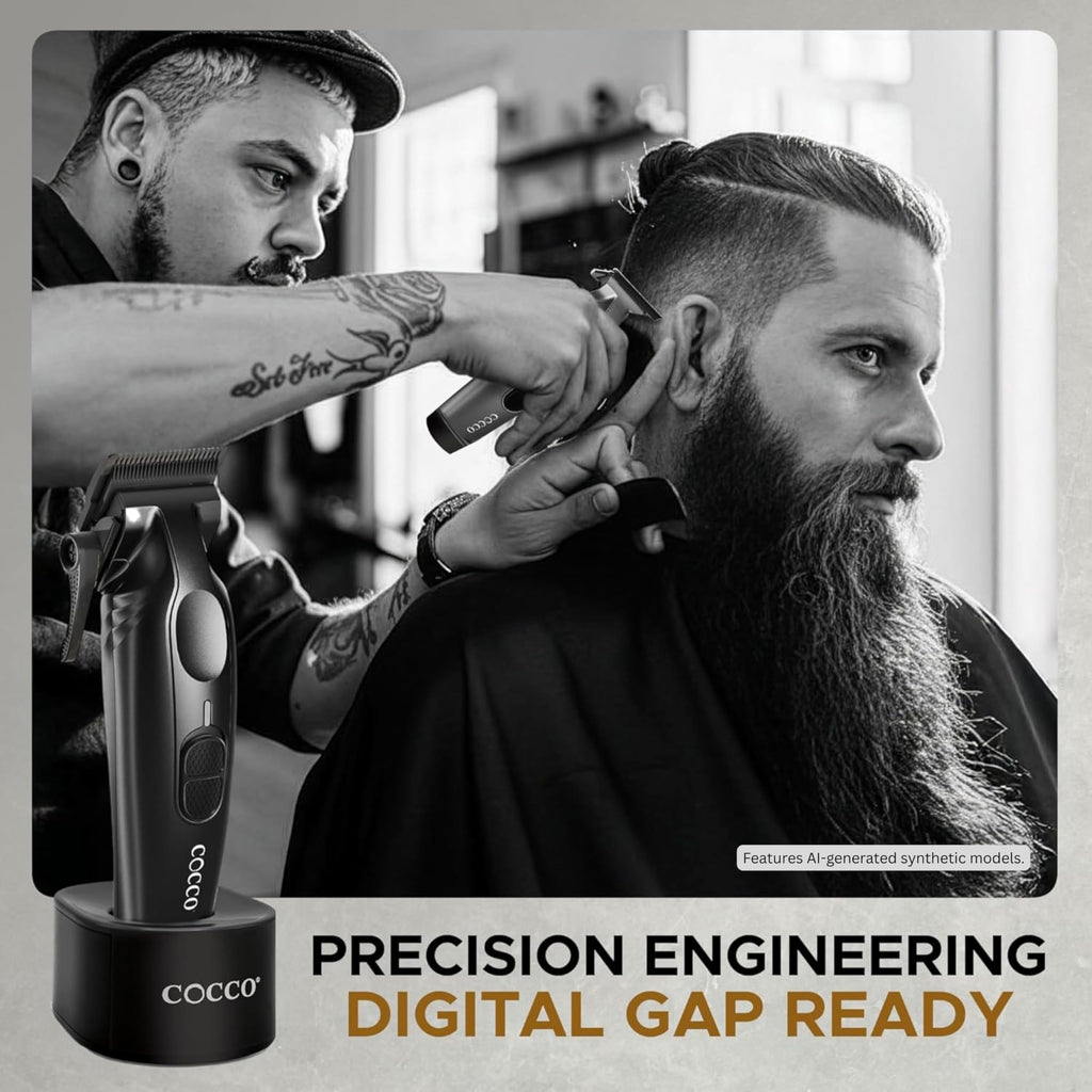 Cocco Veloce Pro Clipper, Digital Gap Ambassador Graphene Taper Blade Professional Hair Clippers, High-Torque BLDC Motor, All-Metal, Cordless, Charging Base Included, Matte Black