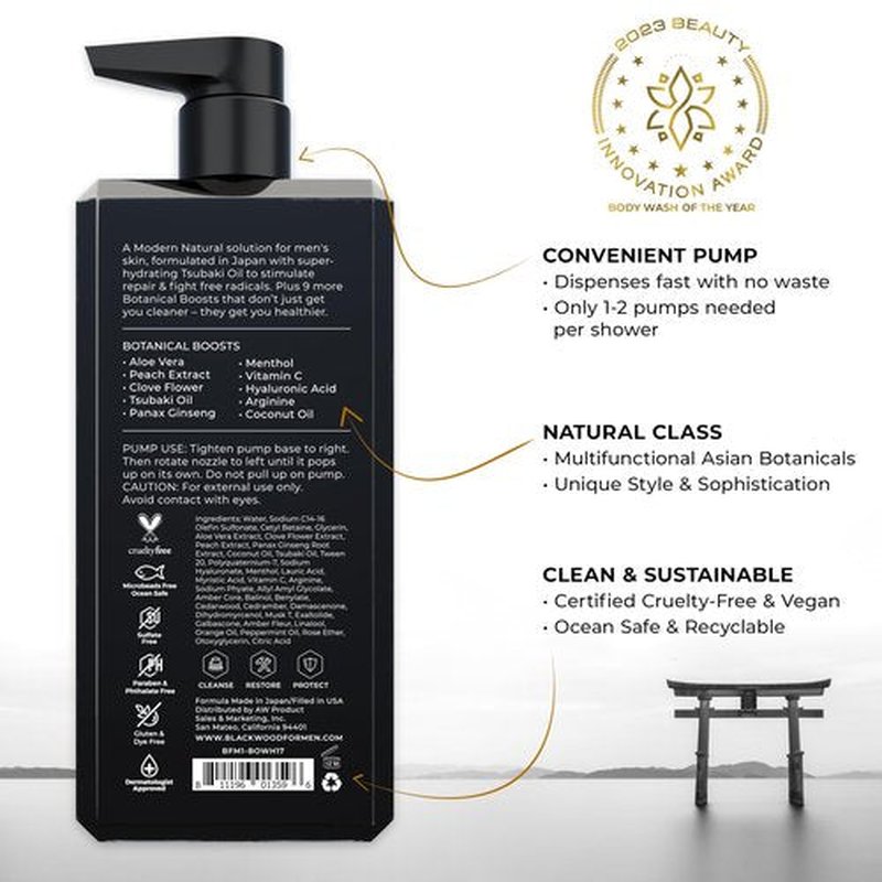 Blackwood For Men Pure Moisture Body Wash - Natural Mens Body Wash with Ginseng & Cooling Menthol - Sulfate Free Moisturizing Cleanser & Bodywash for Dry Skin or Sensitive Skin - Dye Free, Vegan, 17oz