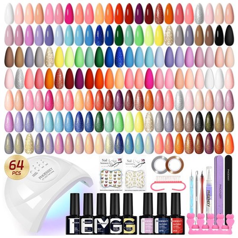 phoenixy Gel Nail Polish Kit with U V Light, 45 Colors All Seasons Soak Off 64 Pcs Gel Polish Nail Set with Base & Matte/Glossy/Glitter Top Coat Manicure Tools Complete Gel Nail Kit Gift for Women