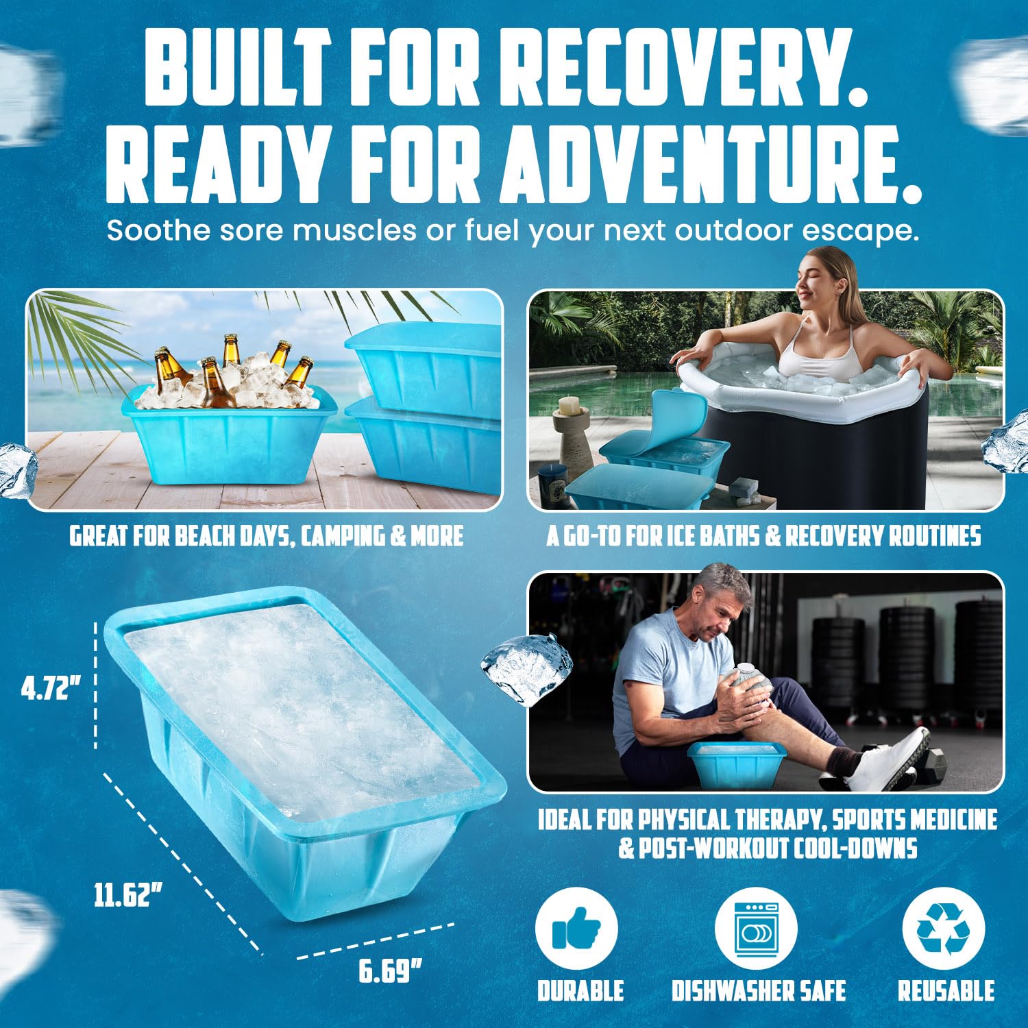 Extra Large Ice Block Mold For Ice Bath, Large Ice Mold for Freezer with Lids - Reusable, Silicone Ice Bath Accessories, Cold Plunge Giant, Ice Blocks for Chiller & Cold Therapy