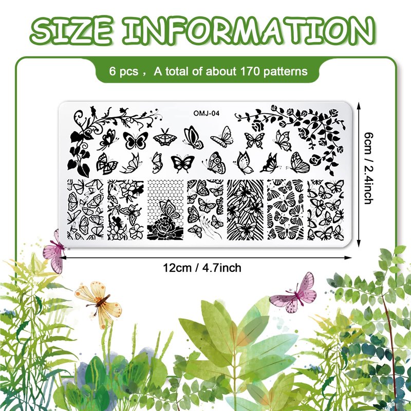 Whaline 6Pcs Flower Butterfly Nail Art Plates Rectangular Floral Stamping Plates Butterfly Image Stamp Templates Stamping Kit for Women Spring Summer DIY Print Manicure Salon Design Gift
