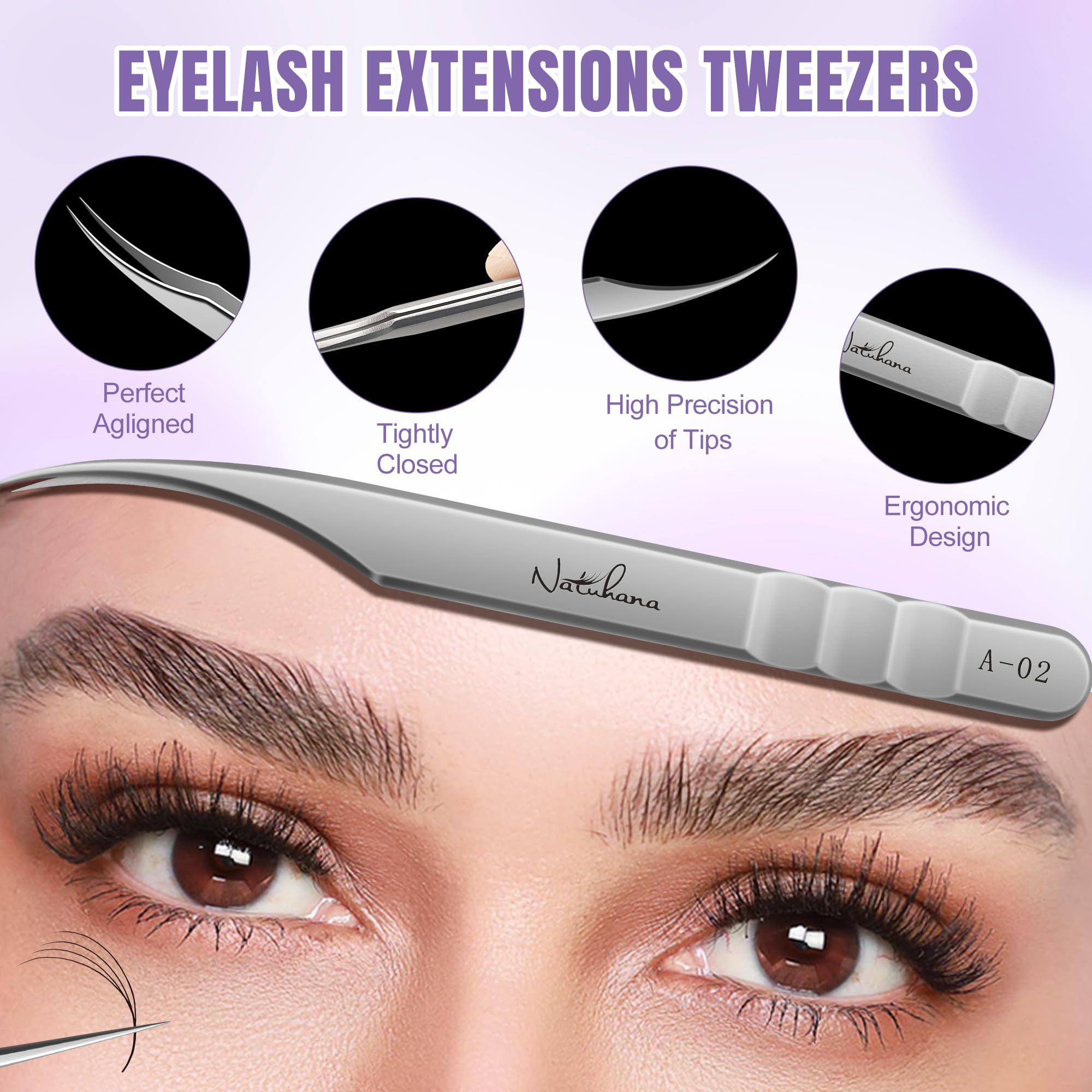Natuhana High Precision Lash Tweezers for Individual and Volume Eyelash Extensions Pointed Premium Stainless Steel Curved Fiber Tip Professional Isolation Tweezer