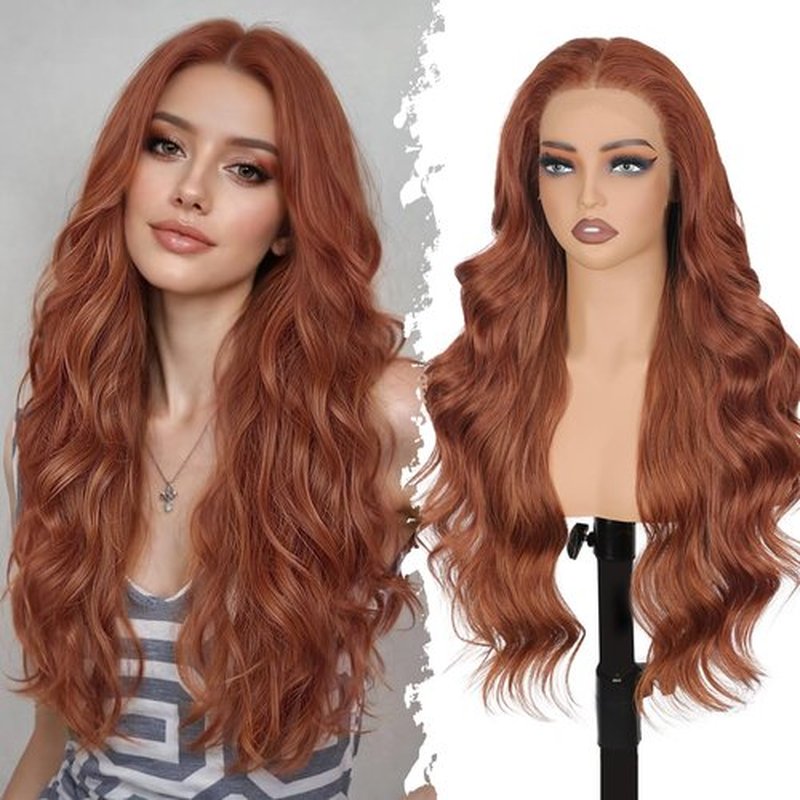 Lativ Auburn Synthetic Lace Front Wig,13x4 HD Lace Ginger Long Wavy Curly Glueless Wig for Women Daily Use 26 Inch