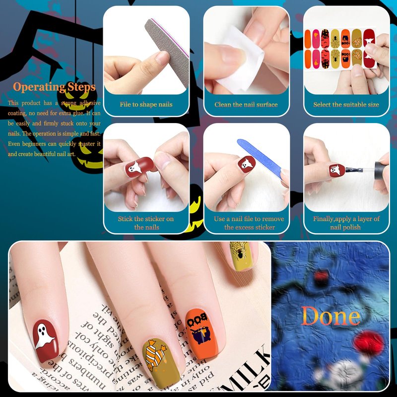 XEAOHESY 30 Sheets Maple Leaf Theme Halloween Stick On Nail Polish Strips Nail Stickers Decals Holiday Full Nail Wraps for Women Halloween Nail Art