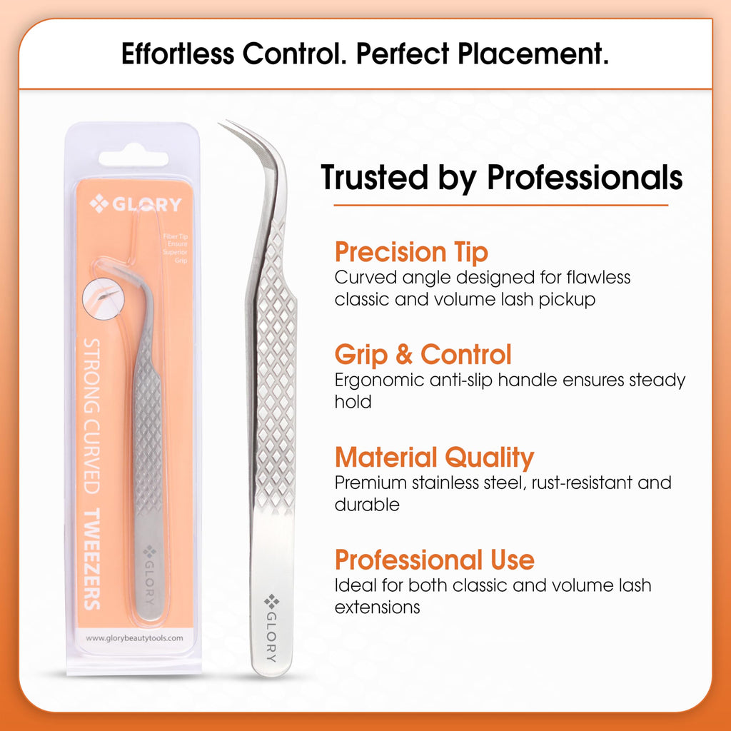 Glory Professional Curved Fiber Tip Eyelash Tweezers for Individual, Classic & Volume Diamond Grip Stainless Steel Precision Lash Extension Curved Tweezers for Multi Purpose