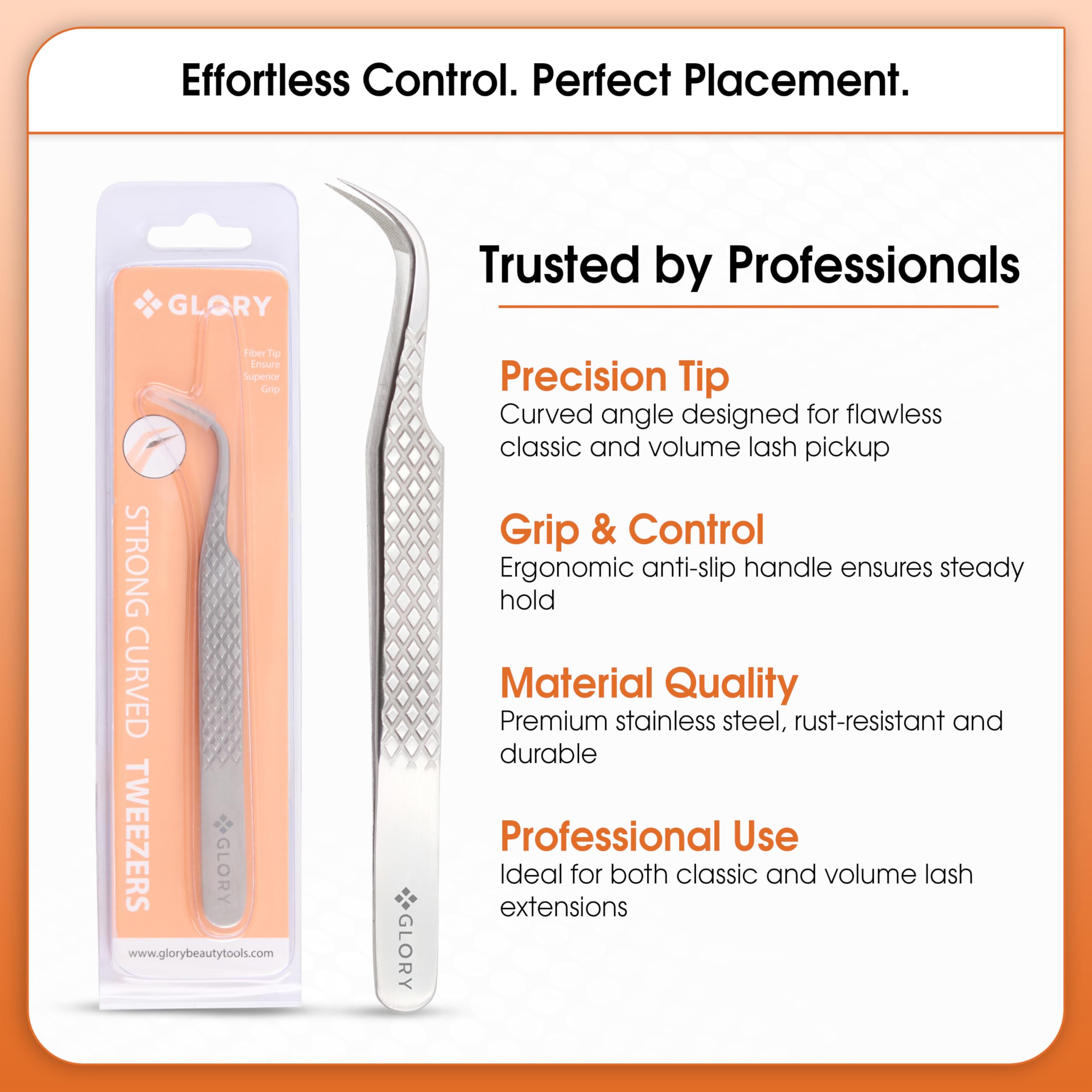 Glory Professional Curved Fiber Tip Eyelash Tweezers for Individual, Classic & Volume Diamond Grip Stainless Steel Precision Lash Extension Curved Tweezers for Multi Purpose