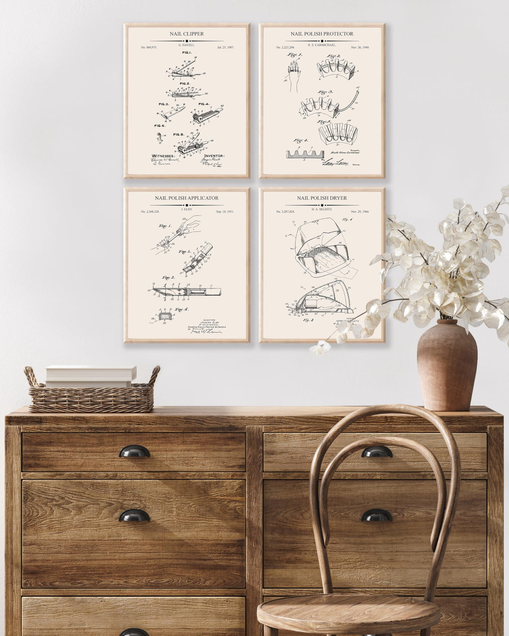Poster Master 4-Piece Nail Polish Protector Patent Print - Nail Clipper Blueprint Poster - Polish Applicator & Dryer Art - Technical Drawing Wall Design - Salon Decor - 8x10 UNFRAMED Wall Art