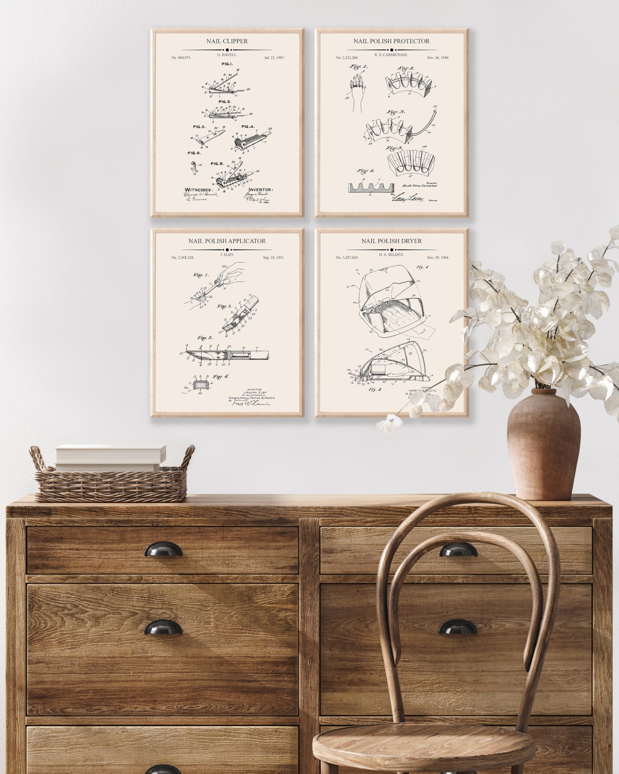 Poster Master 4-Piece Nail Polish Protector Patent Print - Nail Clipper Blueprint Poster - Polish Applicator & Dryer Art - Technical Drawing Wall Design - Salon Decor - 8x10 UNFRAMED Wall Art