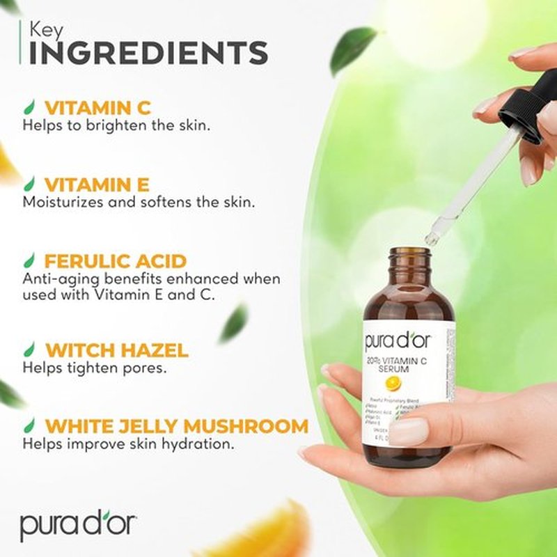 PURA D'OR 20% Vitamin C Facial Serum - Antioxidant Blend with Retinol & Hyaluronic Acid, 4 Oz | Hydrating Skincare for Daily Use