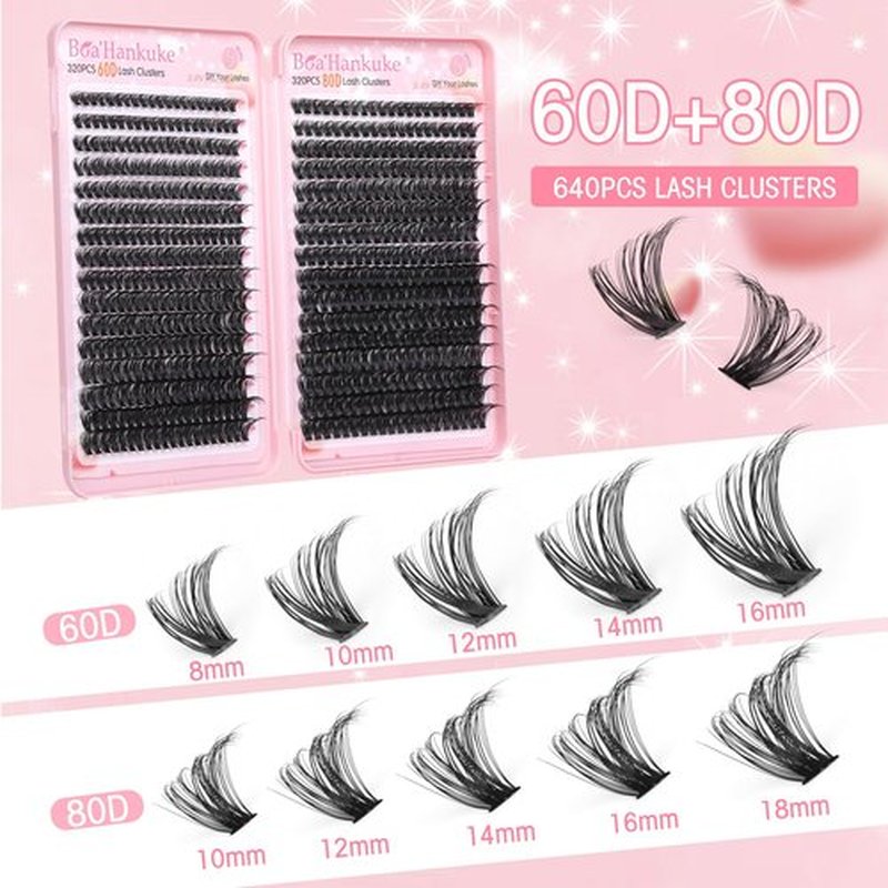 Boahankuke 640PCS Lash Clusters Kit DIY Lash Extension Kit D Curl Volume Eyelash Extensions Individual Lashes Kit with Lash Bond and Seal, Tweezers (60D 8-16mm, 80D 10-18mm) by Boahankuke