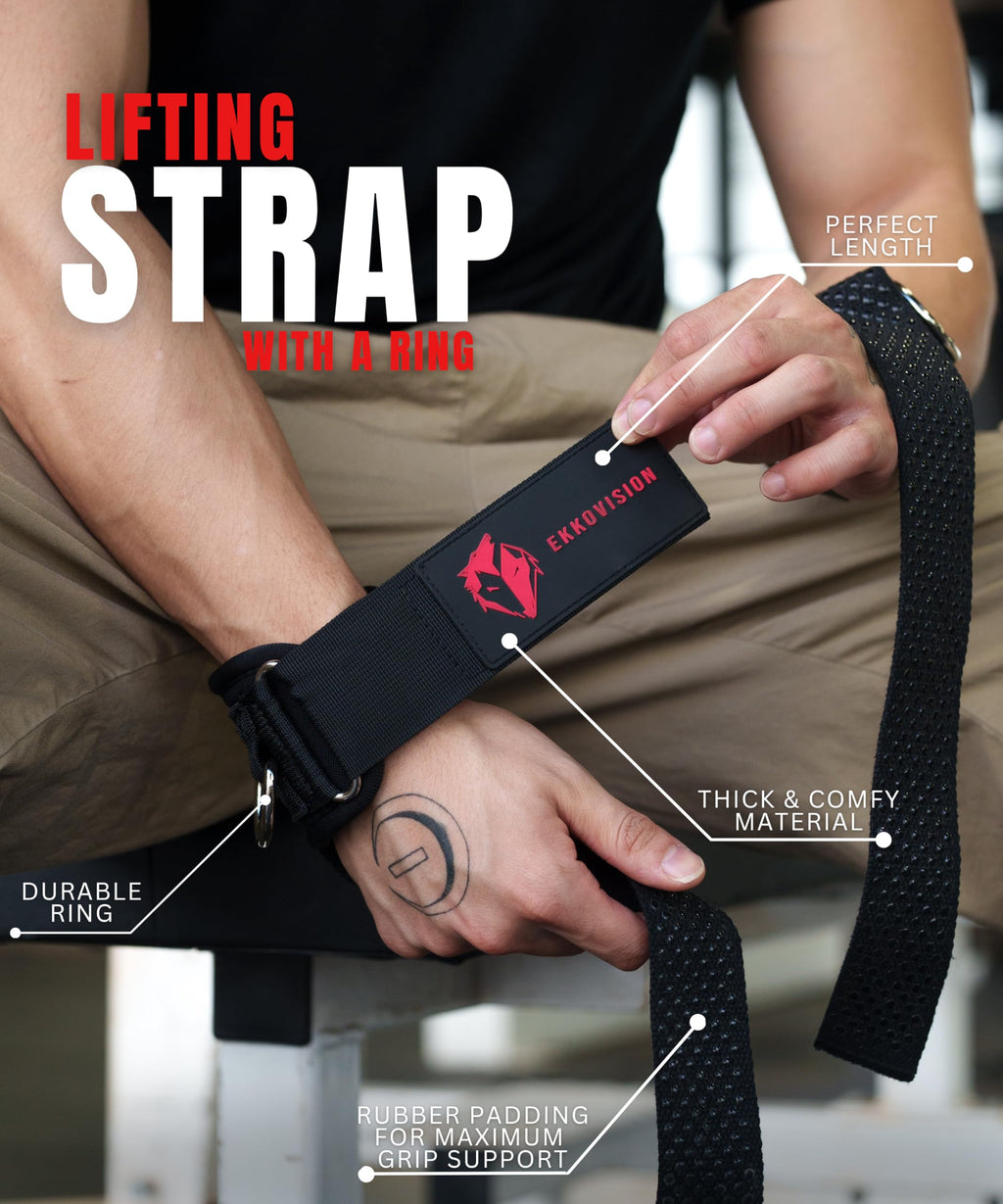 Ekkovision EKKO Weight Lifting Straps With Cuffed D Ring, Wrist Support for Men, Heavy Duty Thick Comfortable Lifting Straps, Secure Fit, Enhanced Grip, Straps for Weightlifting & Gym Training