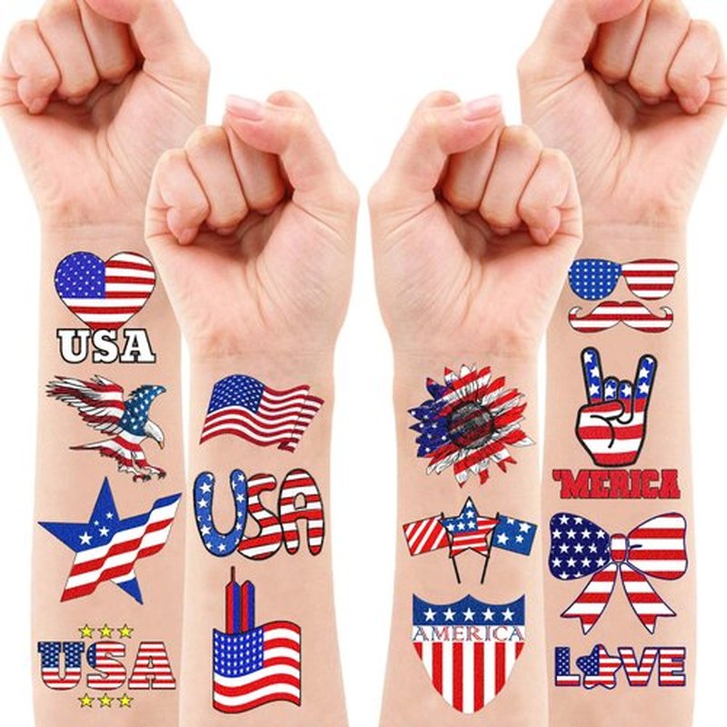 100PCS USA Patriotic Temporary Tattoos – American Flag 4th of July Party Decorations, Freedom Theme Supplies, Fun Favors & Stickers for Kids Adults, Birthday or Independence Day Prizes