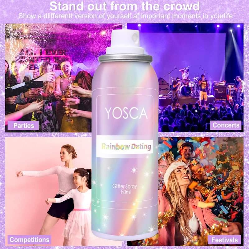 Yosca Body Glitter Spray, 80ML Holographic Silver Glitter Hairspray, Quick-Drying and Long-Lasting Shiny Glitter Spray for Body Hair Sparkling Makeup Festival Concert Party Clothes Rave Accessories