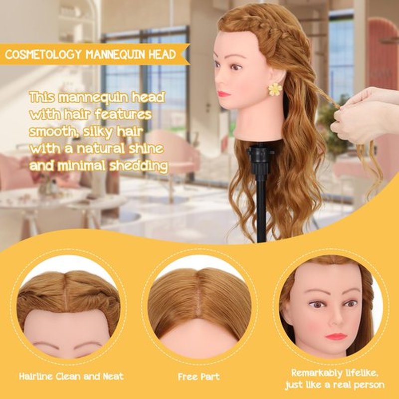 Mannequin Head with 80% Human Hair 26-28’’,Cosmetology Mannequin Practice Head with Human Hair, Doll Head for Braiding Hairstyling Cutting with Clamp Holder and Tools