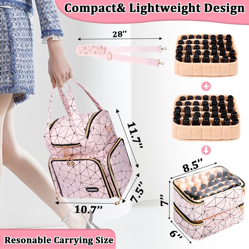Veirdro Nail Polish Organizer Bag - PU Leather Shoulder Storage with 2 Removable Cases and Nail Lamp, Holds 70 Bottles - Portable Travel Backpack for Nail Tech Supplies (Pink)
