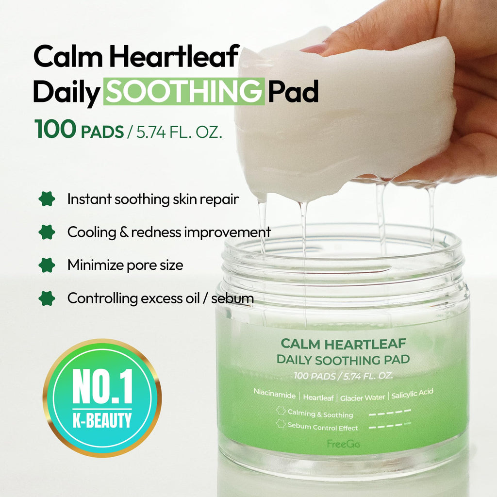 FreeGo Calm Heartleaf Daily Soothing Pad (100 Pads), K-Beauty Korean Skincare Facial Toner Pads for Sensitive or Pimple-Prone Skin, Instant Soothing Skin Repair, Korean Skin Care for Dark Spots