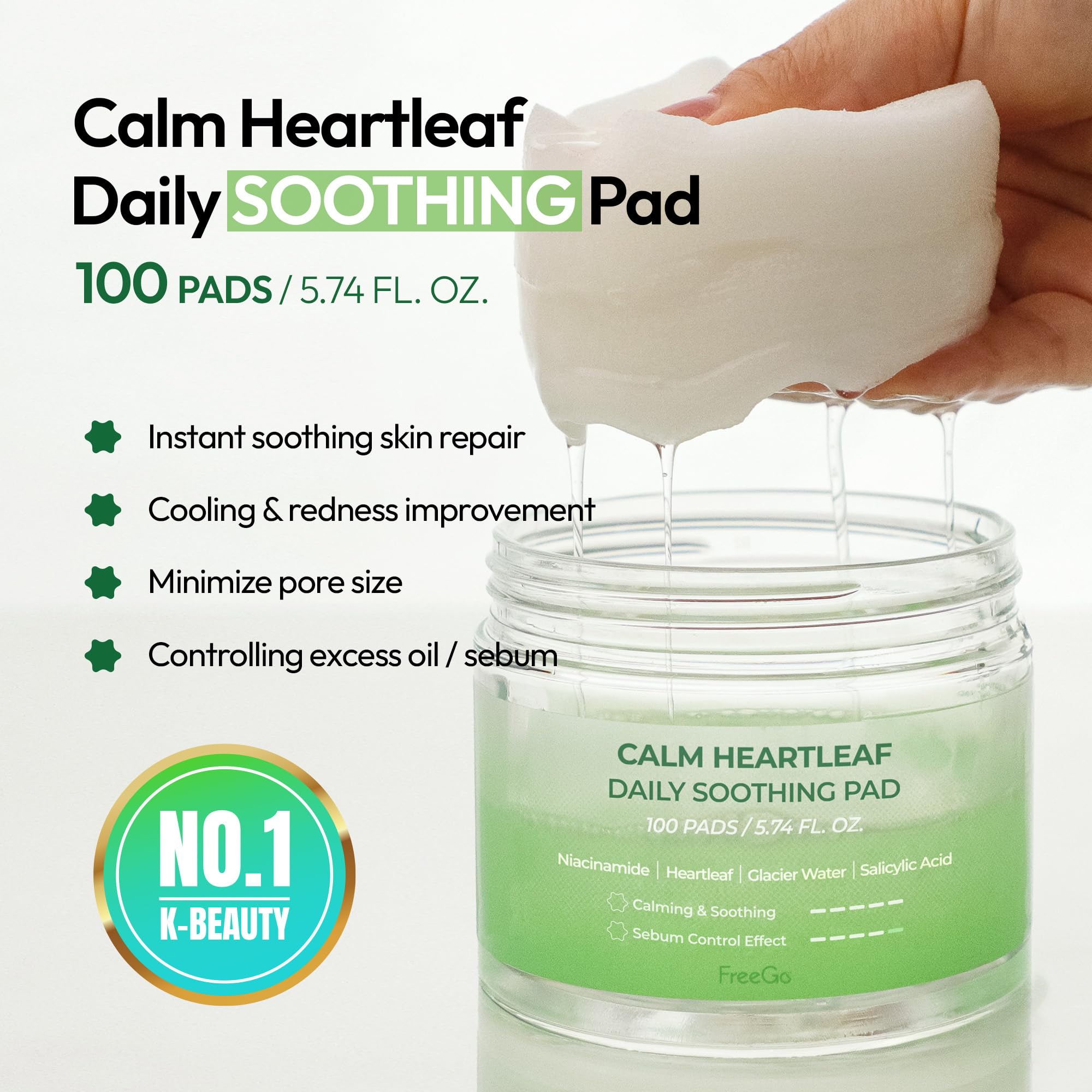 FreeGo Calm Heartleaf Daily Soothing Pad (100 Pads), K-Beauty Korean Skincare Facial Toner Pads for Sensitive or Pimple-Prone Skin, Instant Soothing Skin Repair, Korean Skin Care for Dark Spots