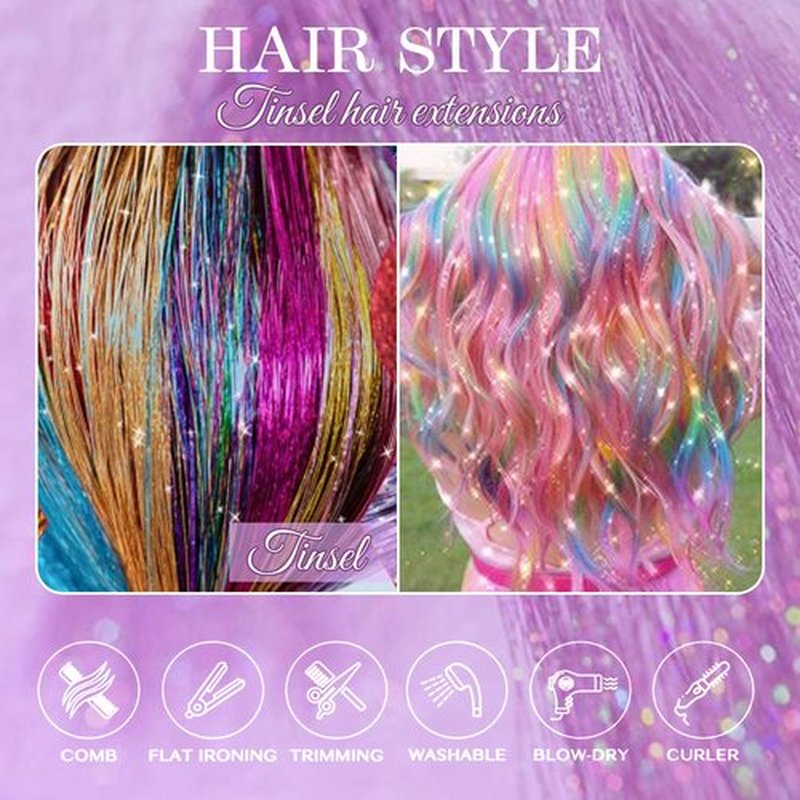 Hersun Hair Tinsel 10 Colors 3200 Strands 48in with Tools Fairy Tinsel Hair Extensions Kit Heat Heat Resistant Fairy Hair For Party For Girls & Women