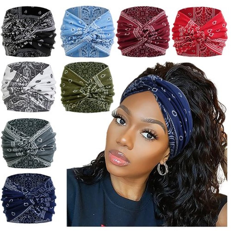 AKTVSHOW 7'' Wide Bandana Headbands for Women, Fashion Paisley Turban Headbands Non Slip Womens Large Cloth Hairbands Fabric Hair Scarves Headwrap Boho Hair Accessories