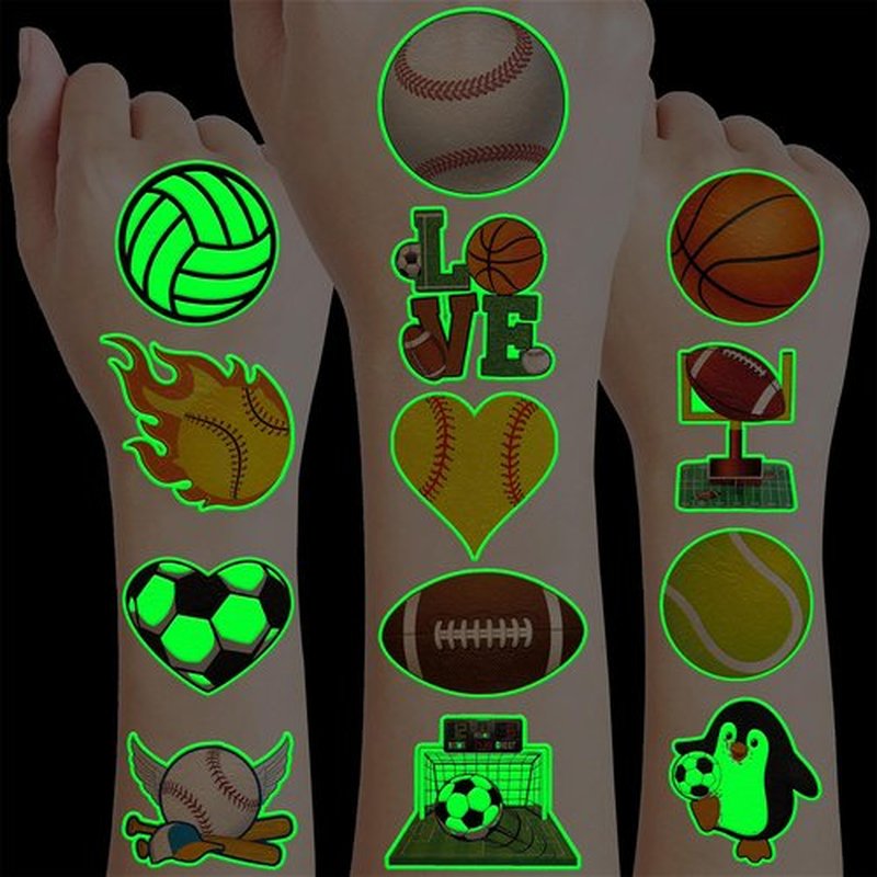 96 PCS Sports Ball Pre-Cut Temporary Tattoos Themed Birthday Party Decorations Favors Supplies Decor Basketball Football Baseball Soccer Tattoo Stickers Gifts For Boys Girls Class Prizes (Luminous)