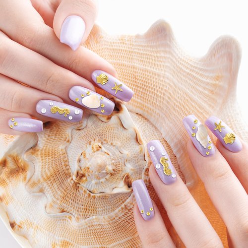 Pndeyo 2 Boxes Ocean Beach Nail Art Charms, Gold 3D Starfish Seashell Nail Decoration Gems, Flatback Pearl Sea Nail Art Accessories Embellishments for Manicure DIY Design- 8 Styles