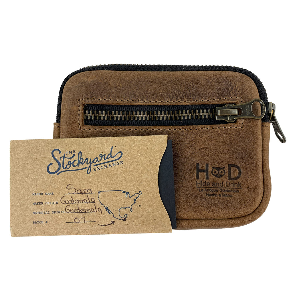 Hide & Drink, Zippered Wallet, Business Card and Money Holder, Compact Pocket Organizer, Full Grain Leather, Handmade Everyday Accessories, Bourbon Brown
