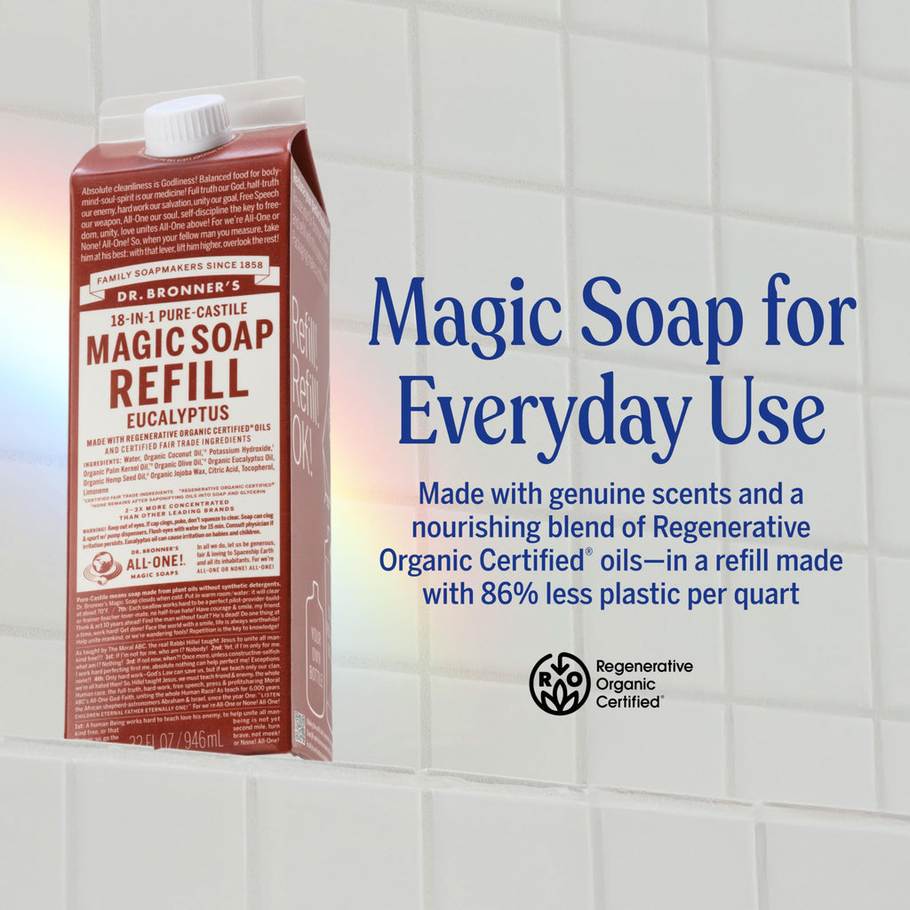 Dr. Bronner's Pure-Castile Liquid Magic Soap Bottle & Refill Carton - Made with Regenerative Organic Certified Oils- 18-in-1 Uses for Face, Body Wash, Hand Soap Refill- Eucalyptus, 32oz + Refill