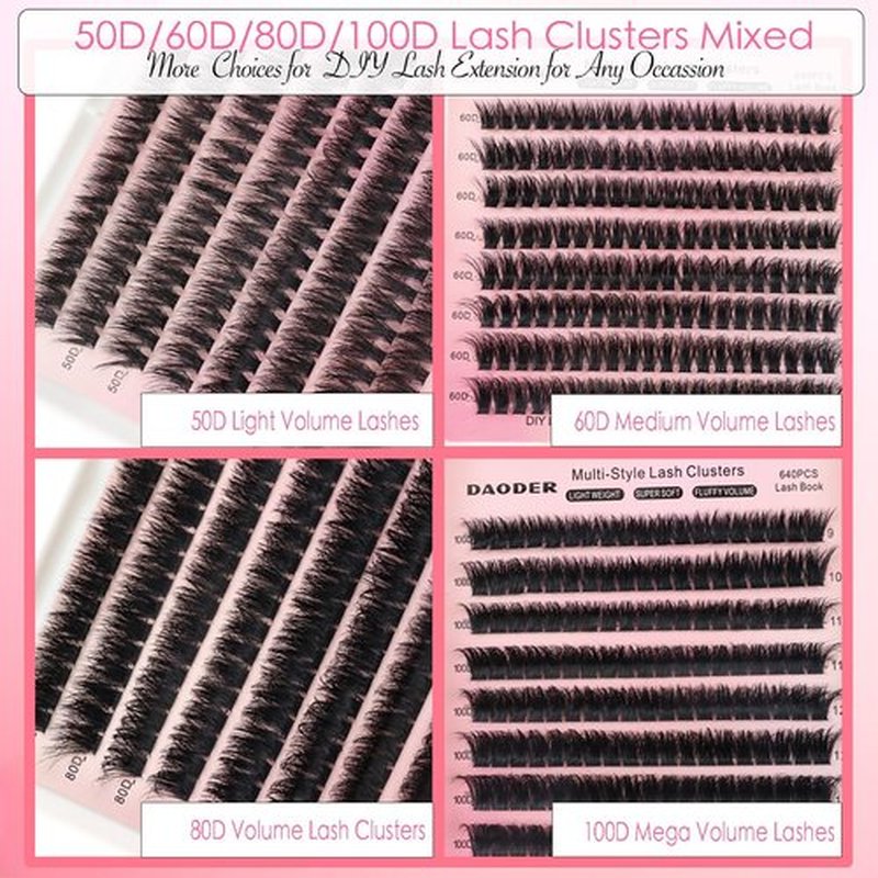 DAODER Thick Short DIY Lash Extension Kit 640pcs 50D 60D 80D 100D Mixed Volume 3D Cluster Eyelash Extensions Fluff D Curl Individual Lashes Clusters with Lash Remover Bond Seal 9-13mm