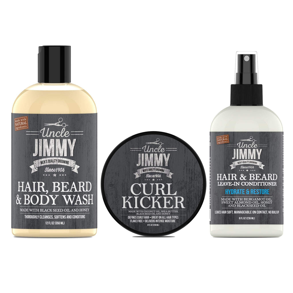 Uncle Jimmy Clean, Condition & Style Regimen for Fine & Medium Hair – 3-Step Hair Care System with Shampoo, Conditioner & Styling Cream – Lightweight Moisture & Hold for Men’s Natural Hair & Waves