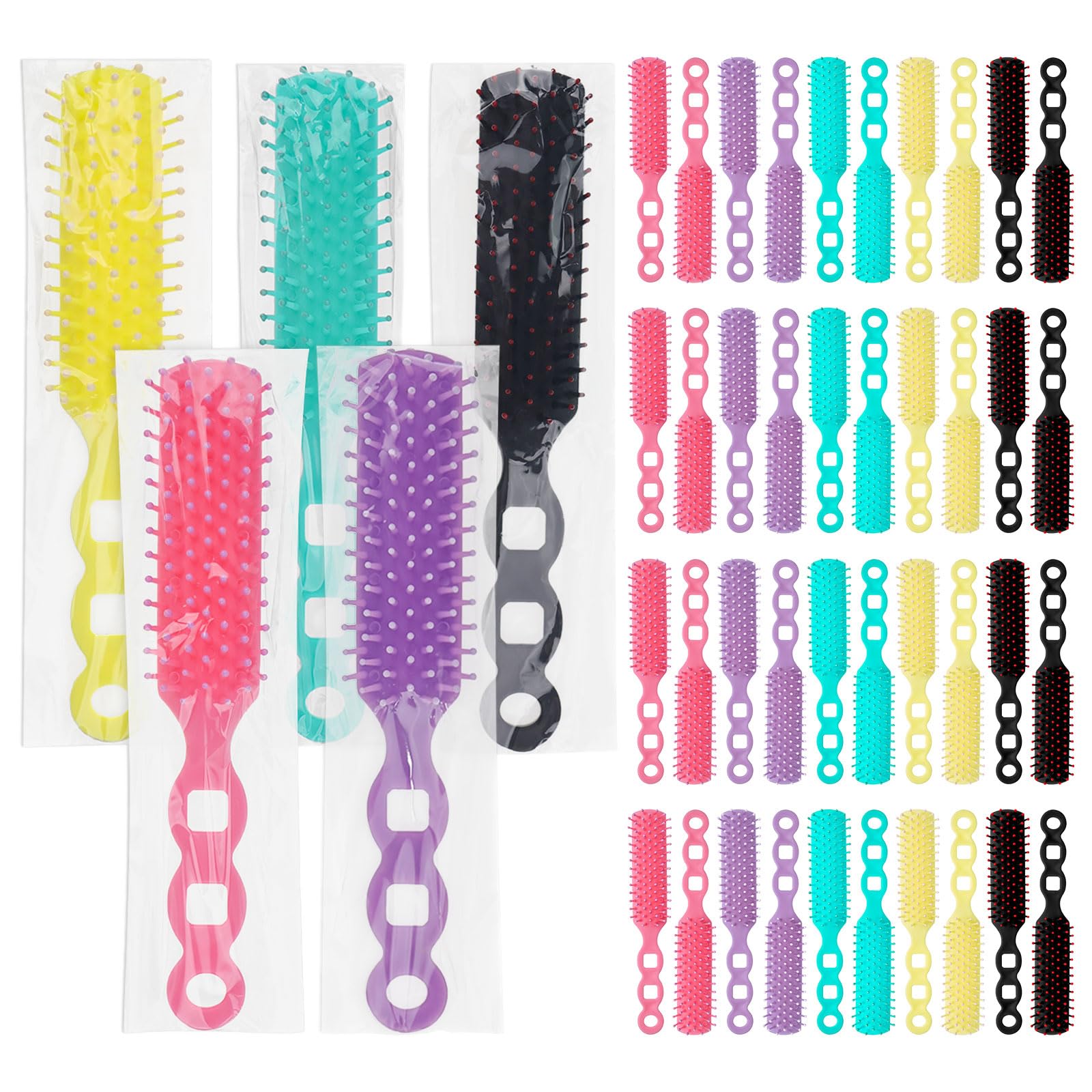 Hair Brushes in Bulk Individually Wrapped for Homeless,Plastic Hair Brush for Curly Wavy Hair,Detangling Hair Brush for Shelter Hotel Nursing Charity (yellow green purple pink black) (pack of 50)