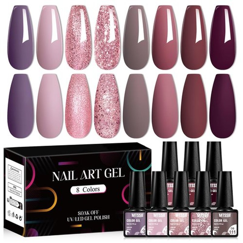 MTSSII 8 Colors Gel Nail Polish Set, Fall Colors Nude Pink Burgundy Glitter Brown Gel Polish Set Long-Lasting Uv Lamp Cured Soak off Nail Art Kit for Home Nail Salon