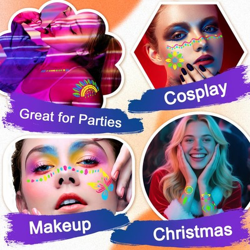 Glow in the Dark Temporary Tattoo Markers for Face Paint, 4PCS UV Neon Body Markers + 8 Sheets Temporary Tattoo Stencil for Adult, Flexible Brush Tip, Cosmetic Tattoo Pen, DIY Body Art Set
