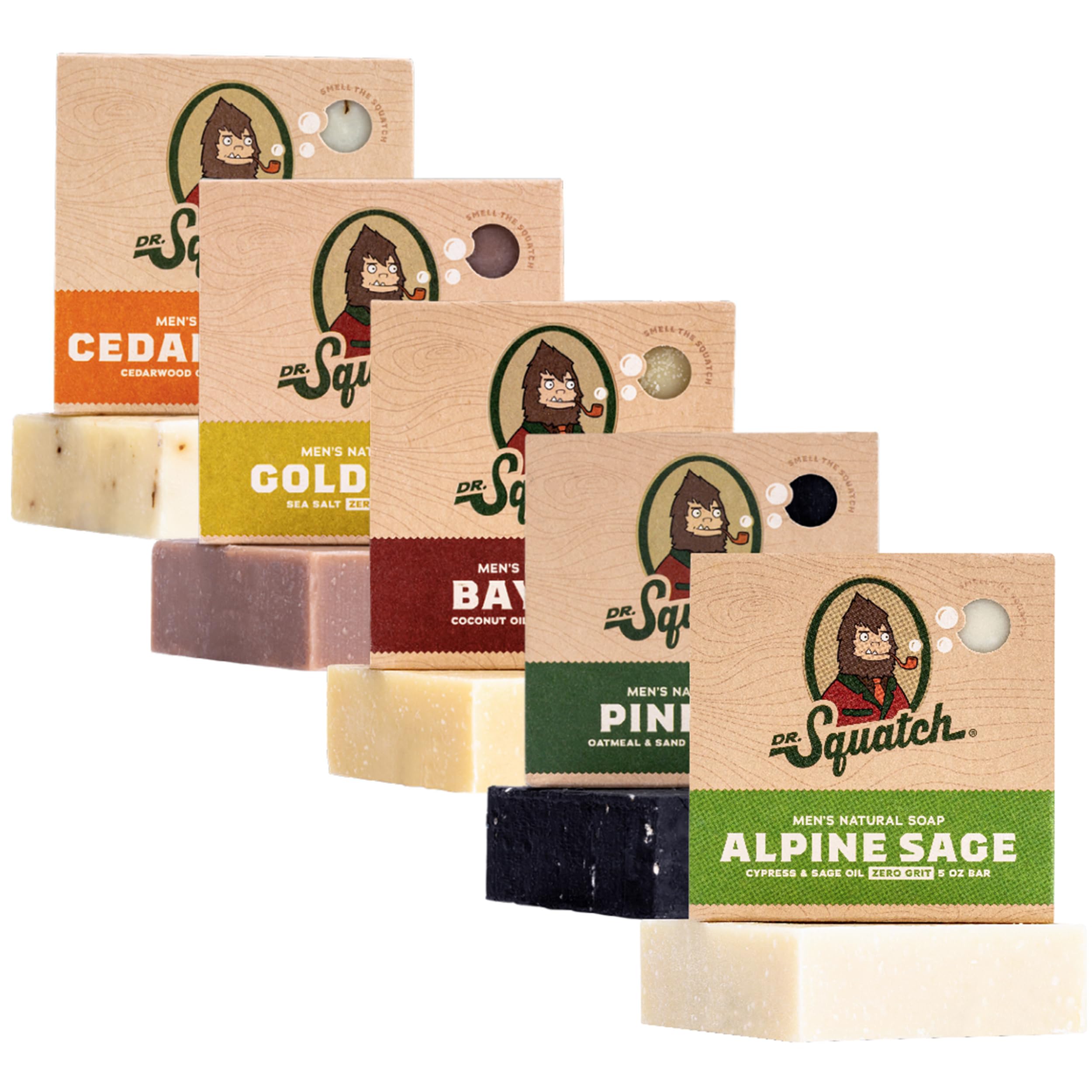 Dr. Squatch Natural Men’s Bar Soap - Cold Process Body Soap Bar with Natural Oils - Gifts for Men - Cool Fresh Aloe, Gold Moss, Pine Tar, Cedar Citrus & Alpine Sage (5 oz, 5-Pack)