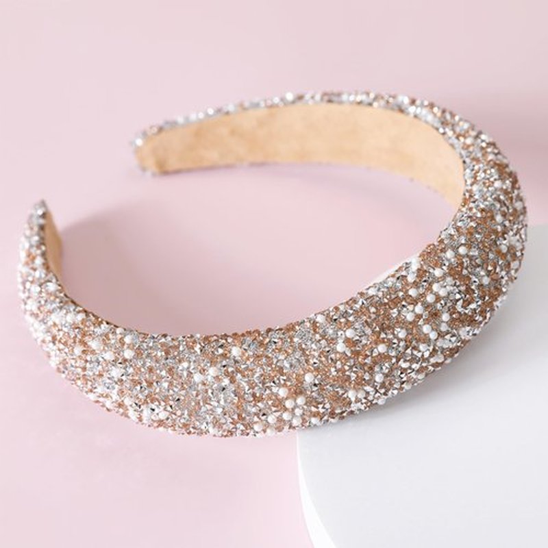 Gmmidea Pearl Rhinestone Women Headband Fashion Bling Beaded Crystal Diamond Headband Glitter Bejeweled Padded Hairband Holiday Girls Headpiece Sparkle Hair Accessories C-Champagne