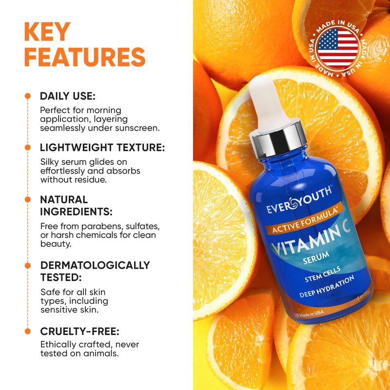 Vitamin C Serum for Face, Stem Cells, Niacinamide, Hyaluronic Acid & Vitamin E – Anti-Aging Retinol Facial Serum with Glycolic Acid & Retinal for Brightening, Hydrating & Firming Skin – Made in USA