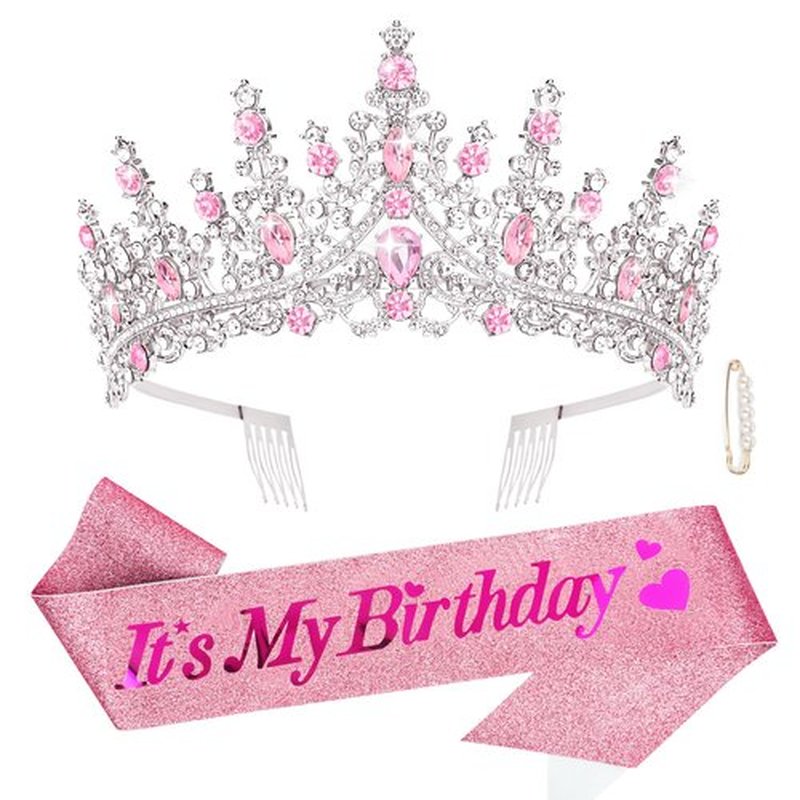 CURASA Birthday Sash and Crown for Women Pink Birthday Crown Tiara Adult Women Princess Crown Pink Decoration Party Favors Gifts