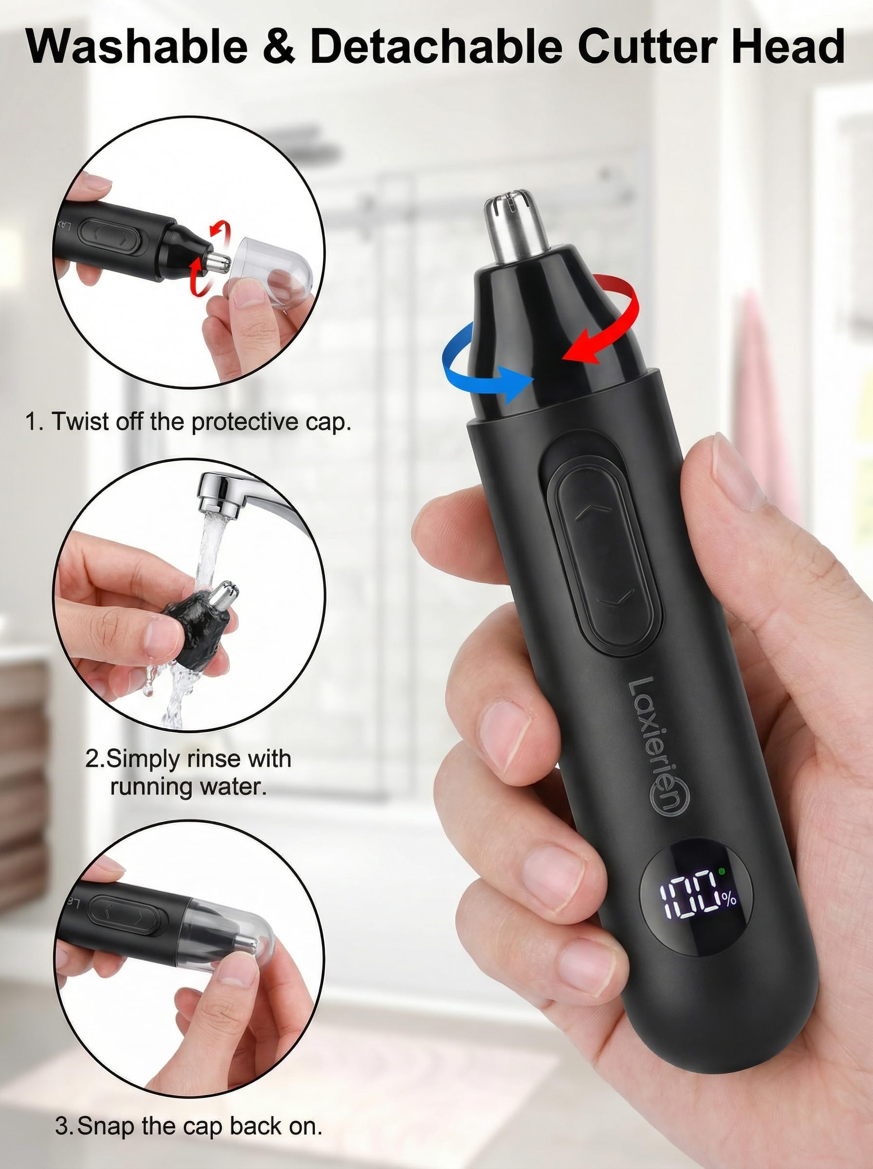 Lyncinque Nose Hair Trimmer for Men & Women - Waterproof USB Rechargeable Ear & Nose Trimmer, 360° Rotary Painless Facial Hair Trimmer with LED Monitor, Eyebrow & Beard Trimmer, Easy Clean, Quiet
