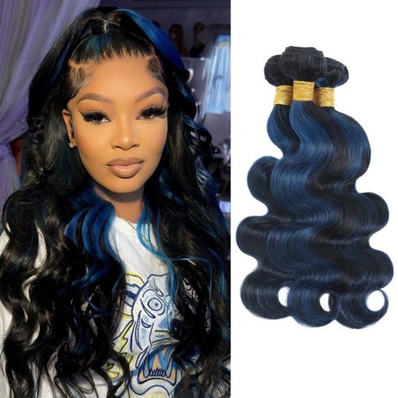 ALHER Black Mix Blue Highlight Bundle Human Hair Body Wave, 12A Soft Thick 3 Bundles Wavy Human Hair, 100% Remy Hair Midnight Blue Highlight Two Tone Subtle Colored Double Weft (#1B/Blue, 14 16 18 IN)