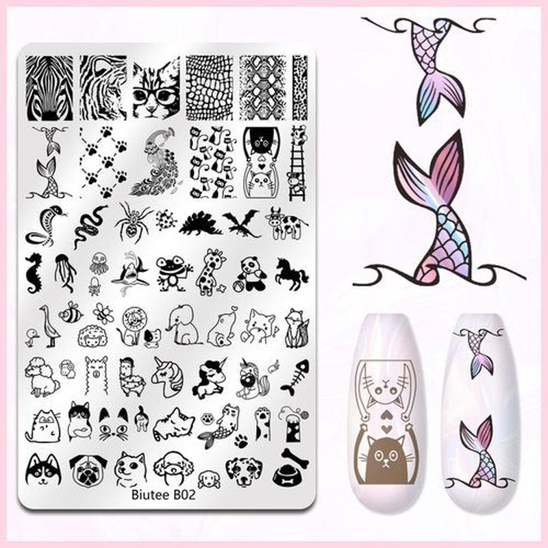 Biutee Nail Stamping Plate Nail Stamper Kit with Stamper & Scraper, Large Nail Art Stamping Plate French Line Lace Flower Leaves Animal Star Space Design DIY Nail Stamping Kit